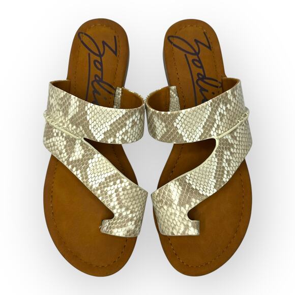 Zodiac Women's Yuma 2 Thong Flat Sandals 9.5 Birch Multi Cream Tan Snake Print - Picture 2 of 8